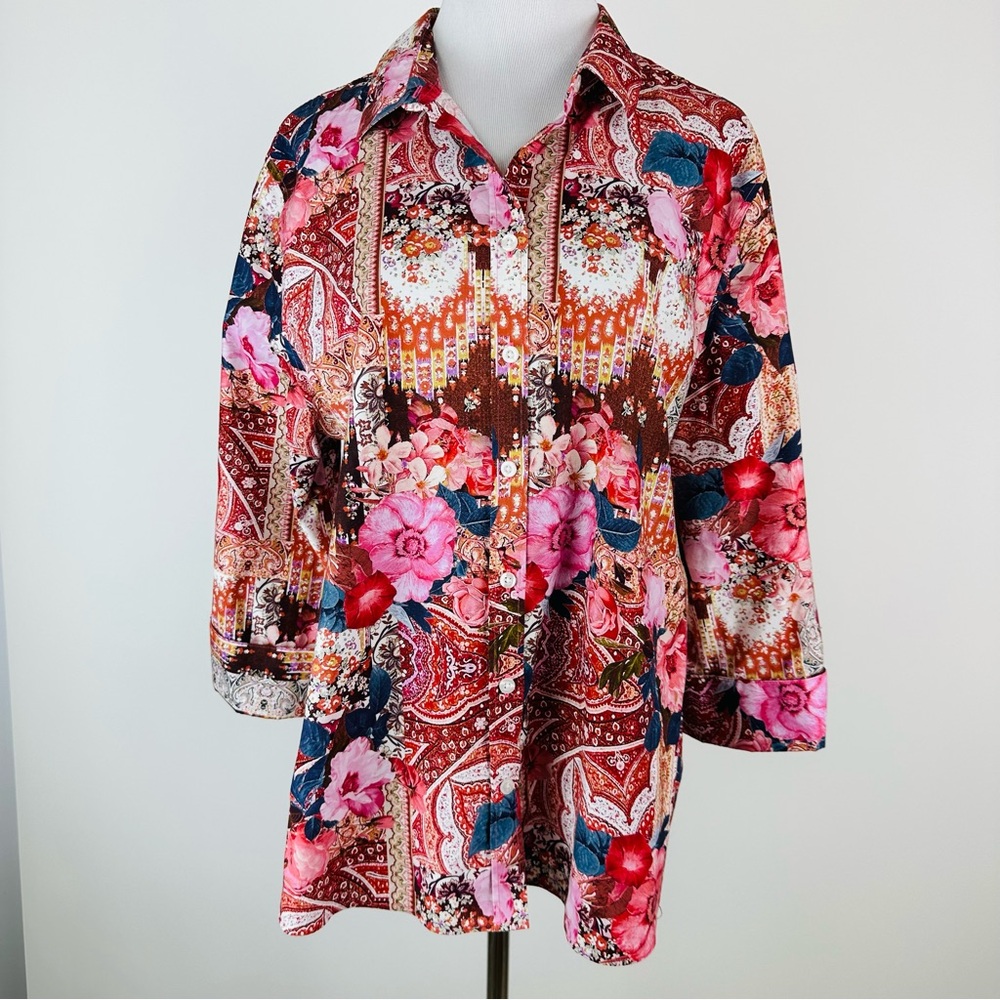 Chico’s Floral Abstract Button Down Shirt Size 3 US 16